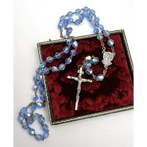 Vintage Rosary With Blue Faceted Crystal Beads Italy